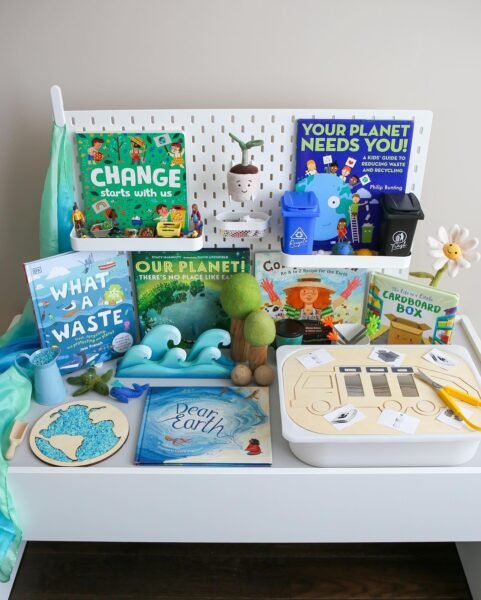 Kids Earth Day books and activities learning table