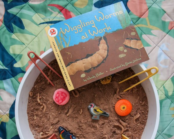 taste-safe sensory bin with diy dirt made with flour and cocoa powder